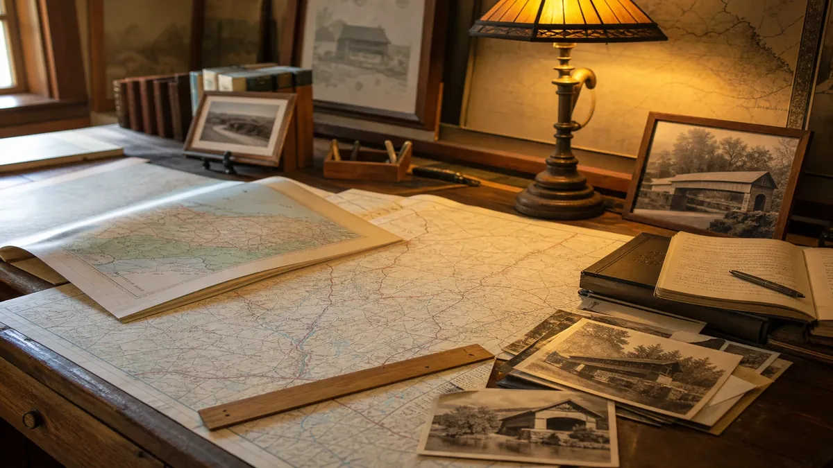 Covered bridge travel editorial research scene with county maps