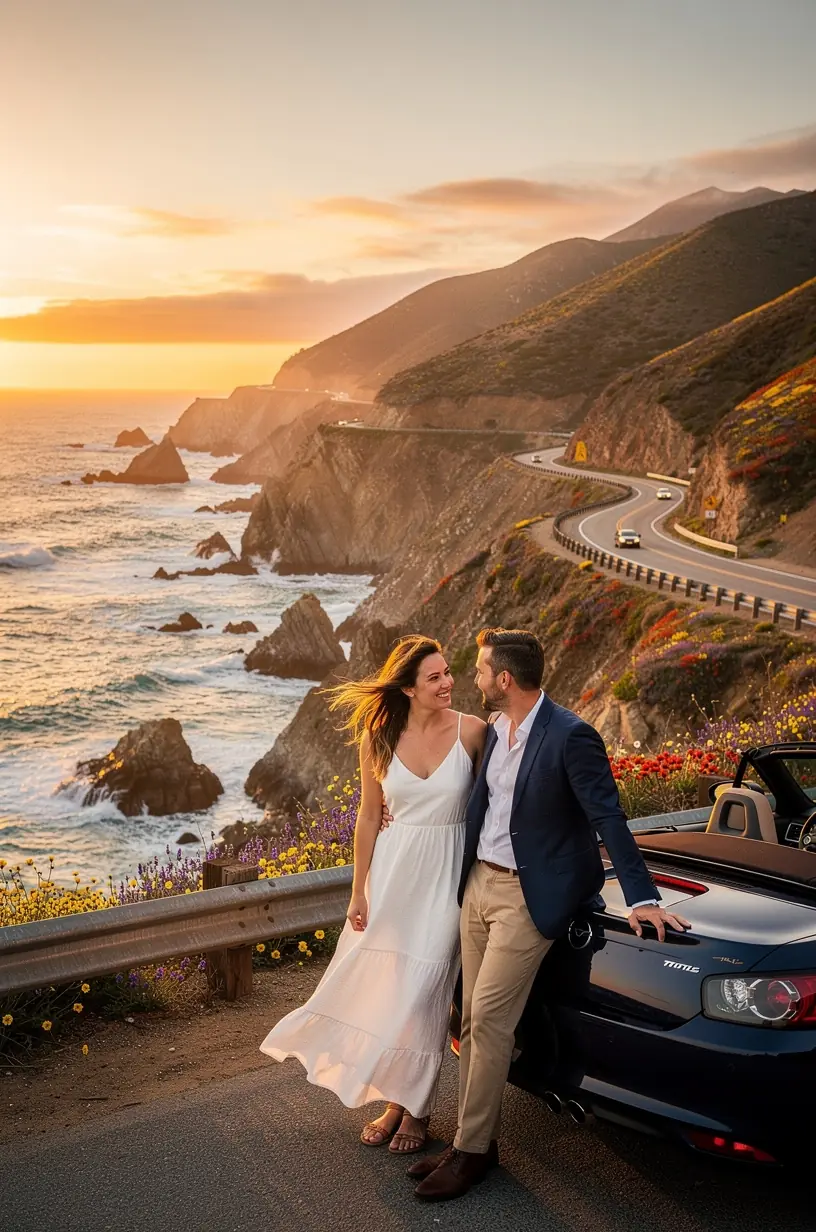 Luxurious SUV parked beside a mountain overlook with panoramic views of the American West.